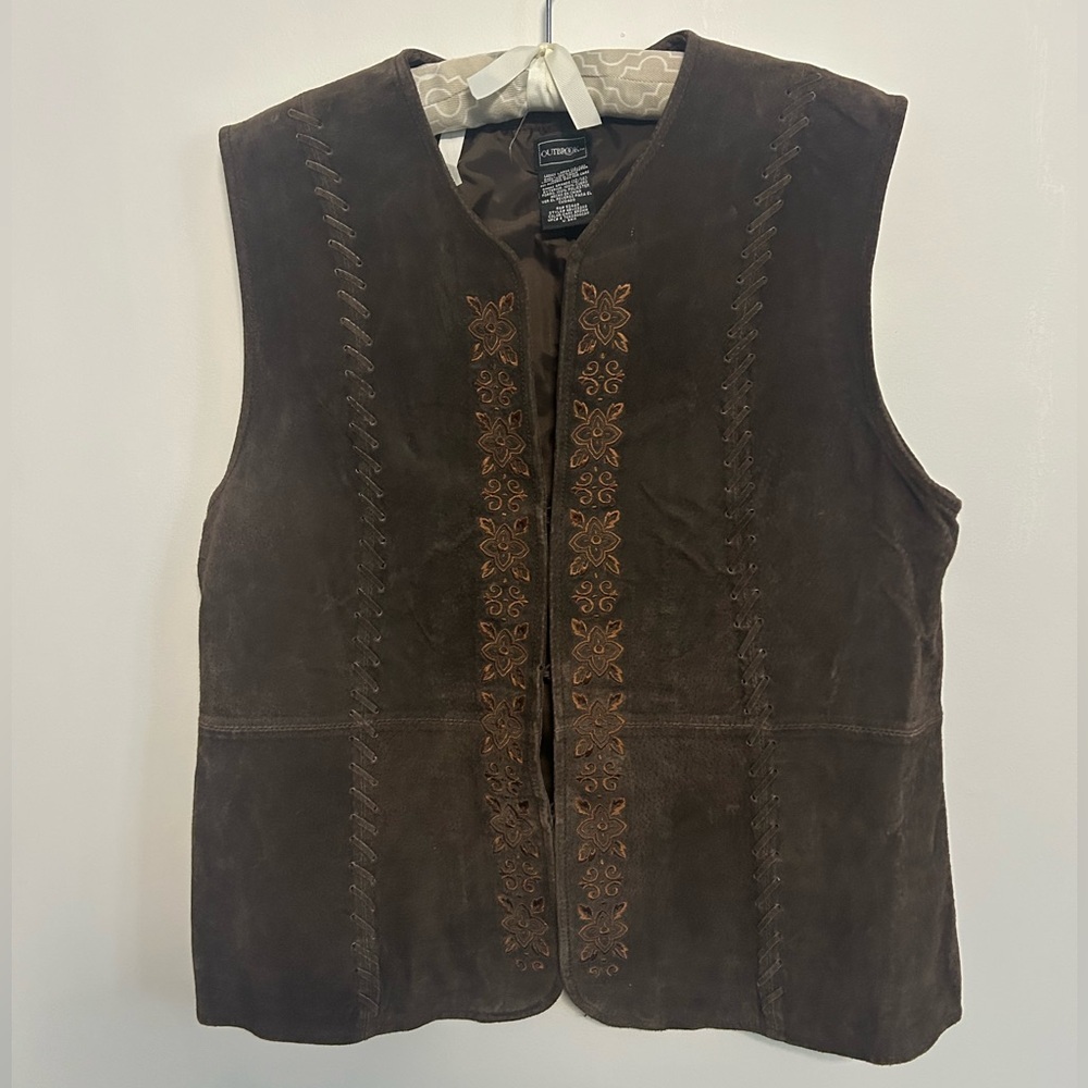 Brown Leather Suede Vest with Floral Embroidery